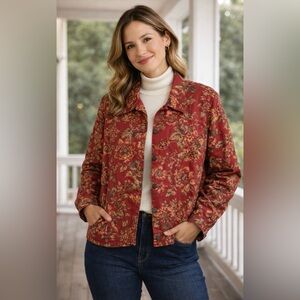 Alfred Dunner Floral Denim Jacket Women’s Red Cottagecore Button Front Lined. 18
